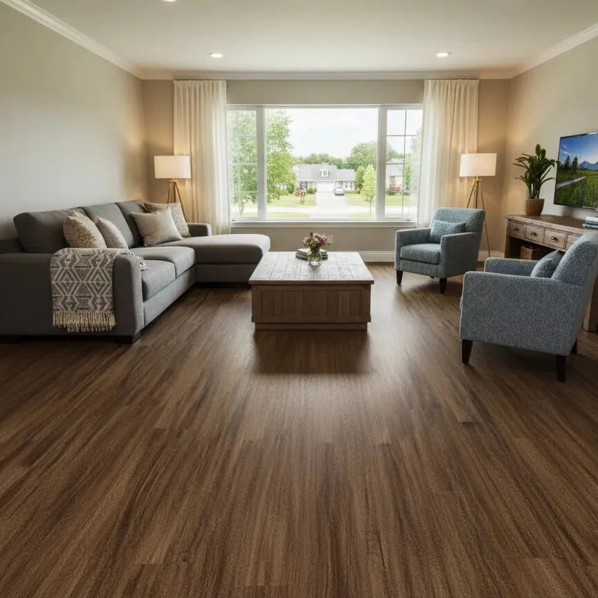 A modern living room with dark brown wood-look plank flooring, featuring a gray sectional sofa, two blue armchairs, a wooden coffee table, and a television on a console against a beige wall.