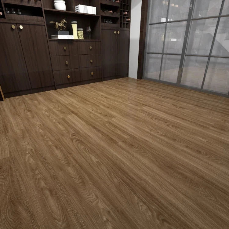 Brown wood-look laminate or vinyl flooring shown installed in a modern room with dark wood cabinetry and a glass-paneled window.